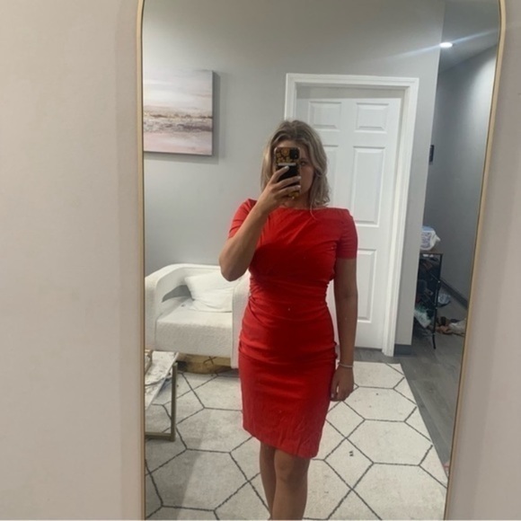 Talbot Runhof Dress Side Gathered Knee Length Cap Sleeve in Red